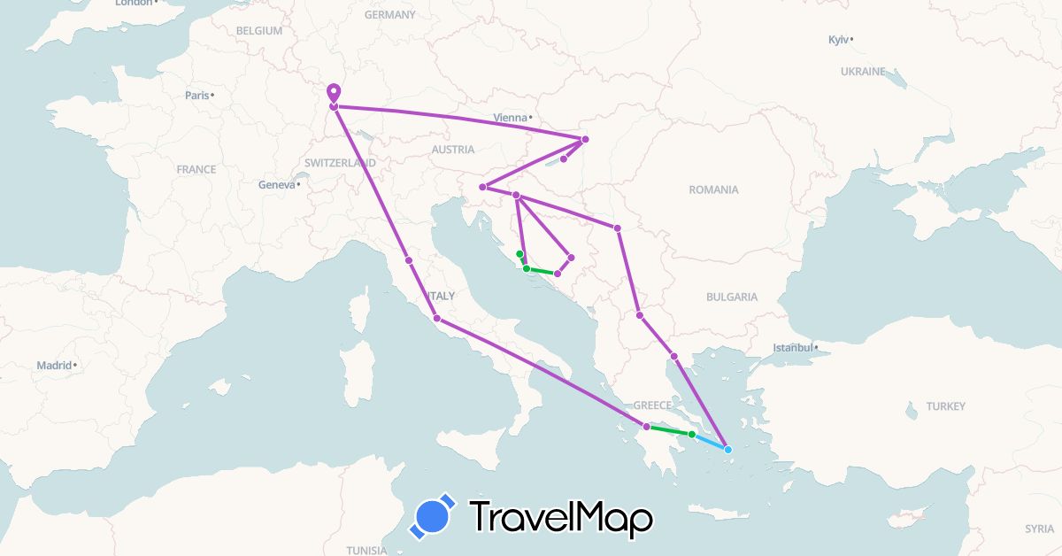 TravelMap itinerary: driving, bus, train, boat in Bosnia and Herzegovina, Germany, Greece, Croatia, Hungary, Italy, Macedonia, Serbia, Slovenia (Europe)